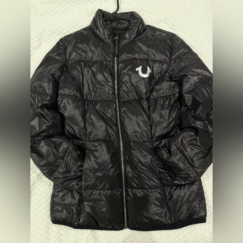 True Religion Black Quilted Puffer Jacket with Stand-Up Collar